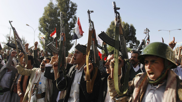 Shiite rebels, known as Houthis, chant slogans during a demonstration against an arms embargo imposed by the U.N. Security Council on Houthi leaders, in Sanaa, Yemen, Thursday, April 16, 2015. Al-Qaidas branch in Yemen seized Thursday control of a major airport and sea port and oil terminal in southern Yemen, consolidating their hold of the countrys largest province amid wider chaos that is pitting Shiite rebels against forces loyal to the countrys exiled president and a Saudi-led air campaign. (AP Photo/Hani Mohammed)