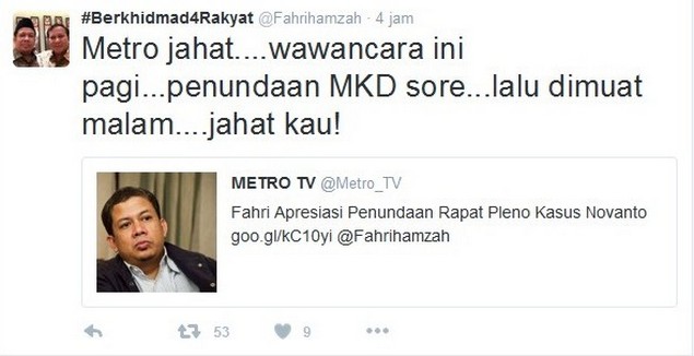 Fahri Hamzah: MetroTV Jahat Kau!