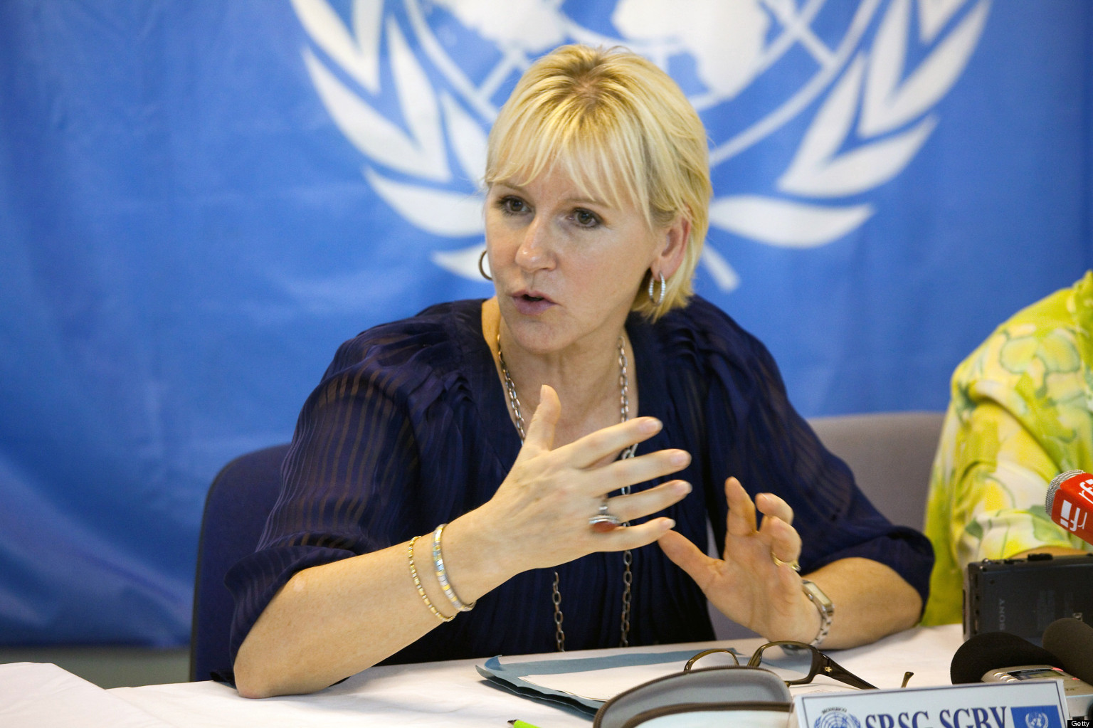 Margot Wallström, the Special Representative of the Secretary General of the United Nations in charge of Sexual Violences speaks during a press conference in Kinshasa on October 6, 2010, after the arrest of Lt-Col Mayele by UN authorities who is suspected of being one of the main people behind the mass rapes and other sexual attacks commited between July 30th and August 2nd, 2010 in the area of Walikale, North Kivu province, DRC. This arrest happend during the visit to DRC of Wallstrom to the country which she called the World rape capital. According to a United Nations reports, 2240 cases of rape have been reported the first semester 2010 in the North Kivu province only. AFP PHOTO / GWENN DUBOURTHOUMIEU (Photo credit should read Gwenn Dubourthoumieu/AFP/Getty Images)
