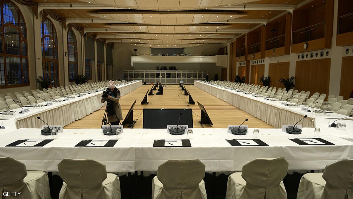 A picture taken on January 20, 2014 in Montreux shows the Syria peace conference room at the conference centre "Le Petit Palais" as part of the Montreux-Palace, the hotel that will host from wednesday the so-called Geneva II peace talks. AFP PHOTO/PHILIPPE DESMAZES (Photo credit should read PHILIPPE DESMAZES/AFP/Getty Images)