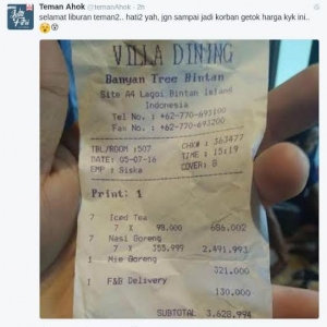 Hebat! TemanAhok Bisa Makan Mahal di Resort Mewah, Satu Porsi Nasgor Rp.355.999!
