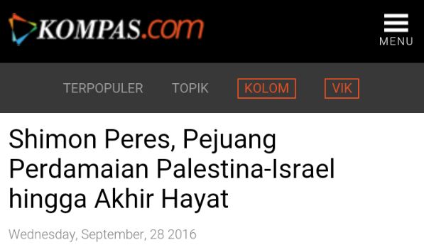 Kompas Sebut Shimon Perez Sebagai Bapak Perdamaian Israel