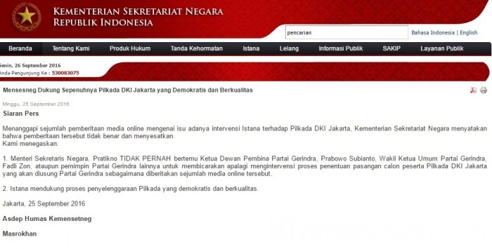 Istana Bantah Intervensi Gerindra-PKS Dalam Pilgub DKI 2017