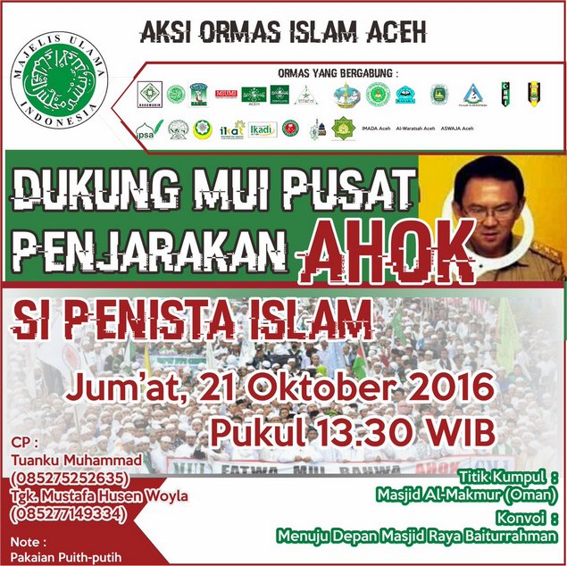Bada Jumat ini, Muslim Aceh Gelar Demo Tuntut Ahok dipenjara