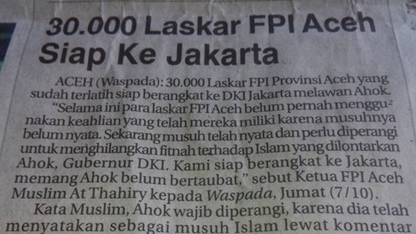 Laskar FPI Aceh: Ahok Kafir Harbi Yang Wajib Diperangi
