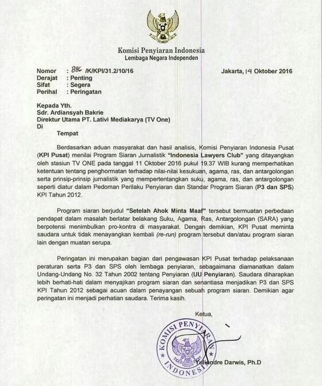 Gegara Tayangkan Soal Ahok, ILC TV-One Kena Semprot KPI