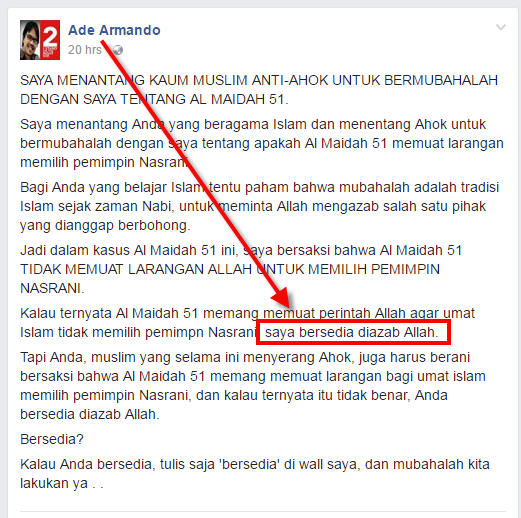 Kita Tunggu Sepekan , Ade Armando Mubahalah atas Kebenaran Al Maidah 51