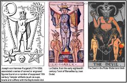 Simbol Baphomet pada masa lalu. Joseph von Hammer-Purgstall (1774-1856) menemukan artifak yang padanya terdapat serangkaian angka terukir yang diyakini nerupakanya artefak Templar abad ke-13 (termasuk cangkir, mangkuk dan pundi-pundi) dengan Baphometic sebagai idola mereka.