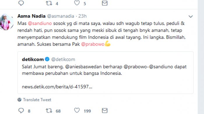 Sosok Sandiaga Uno di Mata Asma Nadia