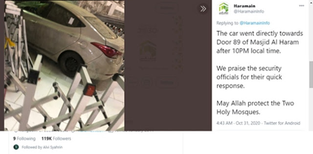 Sebuah Mobil Meluncur Tabrak Gerbang Masjidil Haram Mekkah