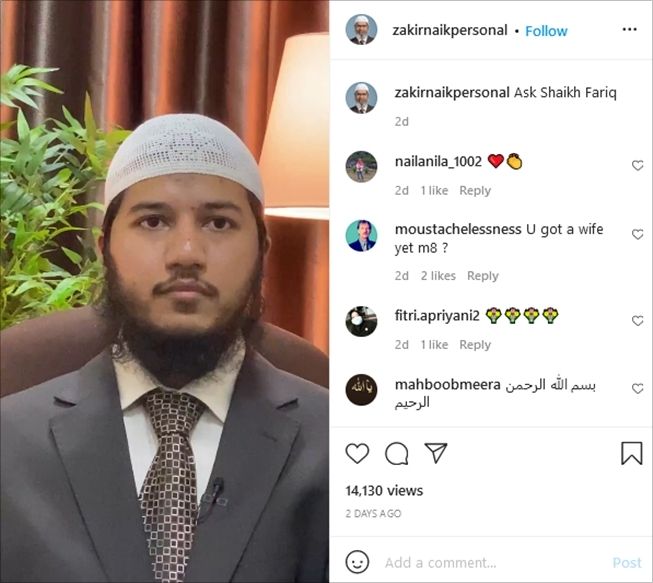 Potret anak Zakir Naik, Fariq Zakir Naik, yang juga seorang pendakwah. (Instagram/@zakirnaikpersonal)
