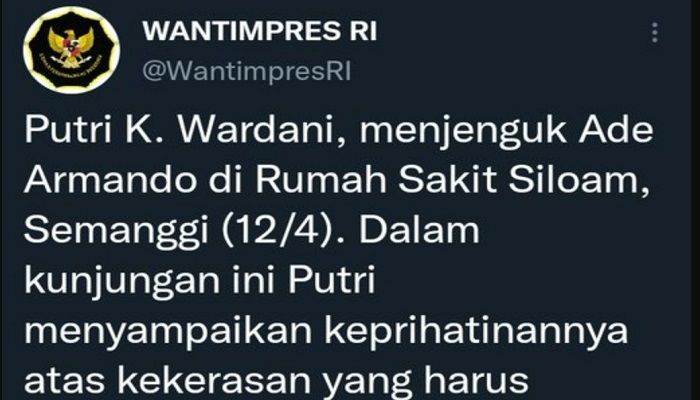 Cuitan di akun twitter resmi Wantimpres saat menjenguk Ade Armando di RS Siloam Semanggi pada 12 April 2022