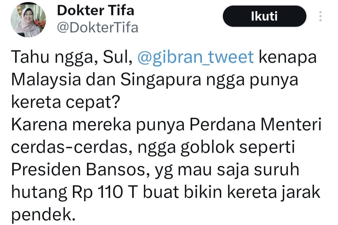 Gibran Klaim Singapura dan Malaysia Gak Punya Kereta Cepat, dr Tifa dan Warganet Respon Menohok