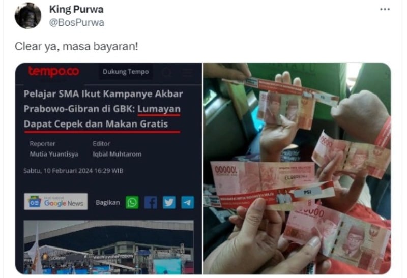 Viral Postingan: Massa Dibayar untuk Ramaikan GBK, Ngaku Dapat Rp100 Ribu