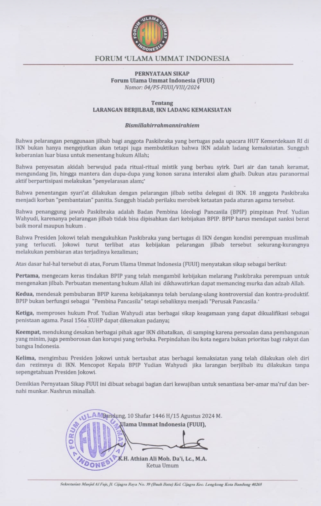 PERNYATAAN SIKAP FUUI tentang LARANGAN BERJILBAB, IKN LADANG KEMAKSIATAN