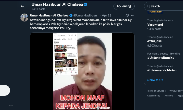 Umar Hasibuan Desak Keluarga Try Sutrisno Polisikan Pendukung Gibran Ini